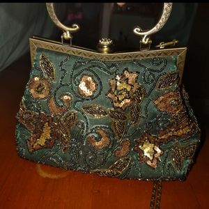 Vintage turquoise clutch/crossbody with intricate gold and copper sequin beading
